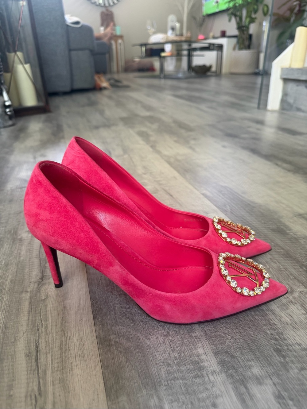 Louis Vuitton Pink Suede Pointed-Toe Heels with Crystal LV Emblem - Picture 2 of 14
